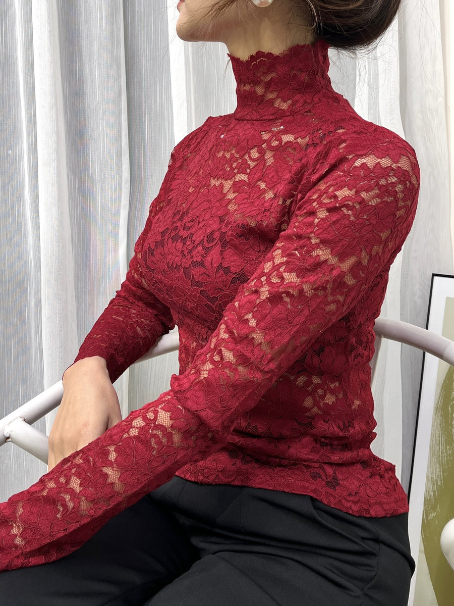 Lace Mock Neck Slim Top, Sexy Long Sleeve Top For Spring & Fall, Women's Clothing - Red