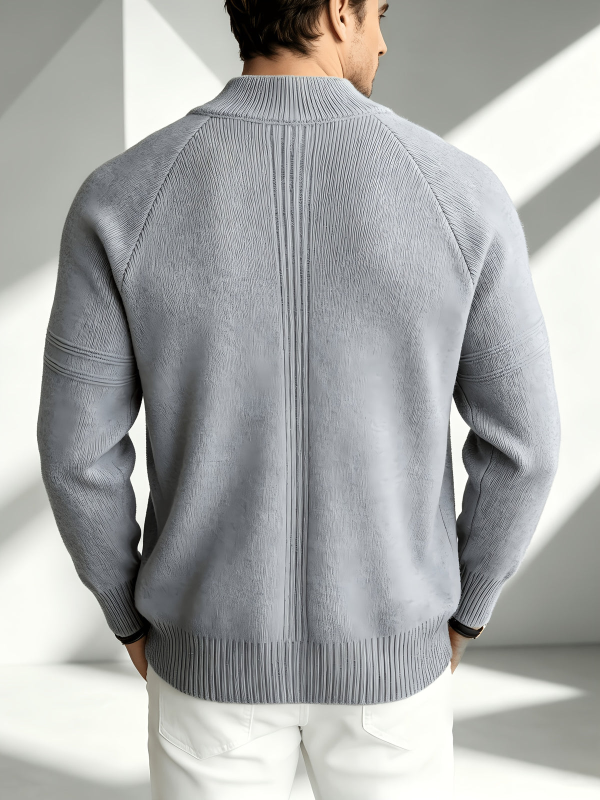 Business Mature Casual Men'S Full-Zip Knit Cardigan, Stand Collar Off-Shoulder Geometric Texture Fabric, Ribbed Trim Knit Jacket, Fall Winter Daily Office And Weekend Wear - Dark Gray