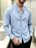 New Men'S Street Style Stand Collar Long Sleeve Shirts, Loose Fit Casual Blouse, Breathable Versatile Outer Tops for Men Fall Daily Street Going Out Wear - Sky Blue