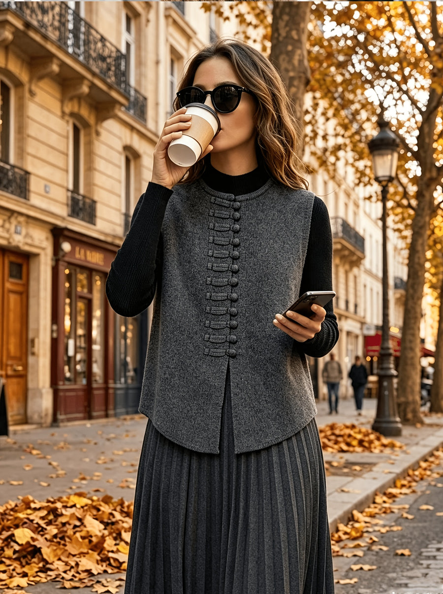 2026 New Women's Spring/Autumn New Chinese-Style Vintage Elegant Casual Solid Color Soft Sweater Vest Outerwear Jacket - Dark Gray