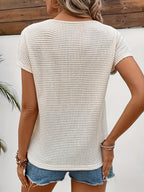 Lace-paneled Waffle- Off-shoulder Short-sleeve T-shirt - Apricot