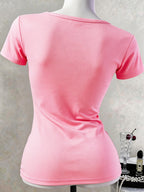 Artistic Smiling Face Pattern, Women'S Hot Outfit with Sexy Design And Buttons, Non-V-Neck Women'S T-Shirt, Suitable for All Four Seasons, Revealing Y20K/Casual/Sports/Commuting/Fashionable/Elegant, Comfortable And Breathable Gift - Pink Color