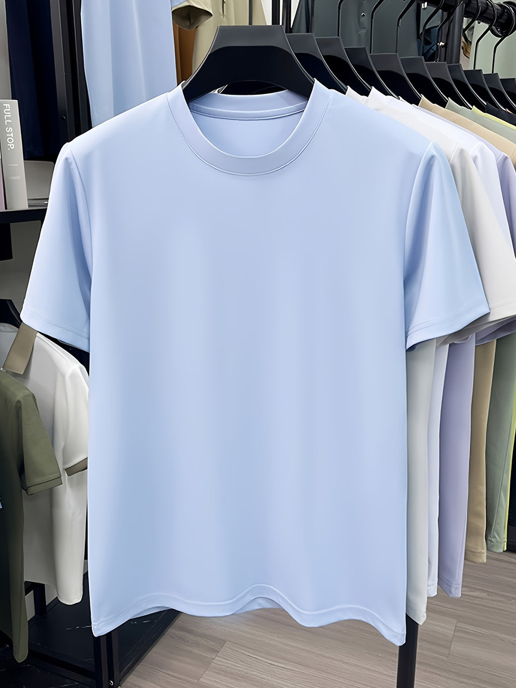 NERPOLO Men's Solid Color Short Sleeve T-Shirt - Round Neck Casual Summer Tee with Suitable for Middle-Aged, Regular Fit Breathable Shirt, Hand Washable Solid Color Round Neck Half-Sleeve Blouse for Casual Attire (No Transparency) - Sky Blue
