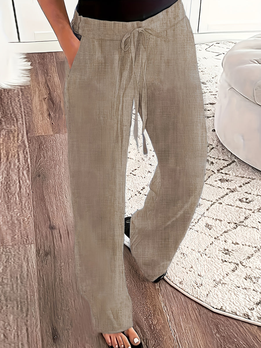 Stretch Elastic Waist Women's Pants with Insert Pockets, Simple and Versatile, 100% Polyester - Khaki