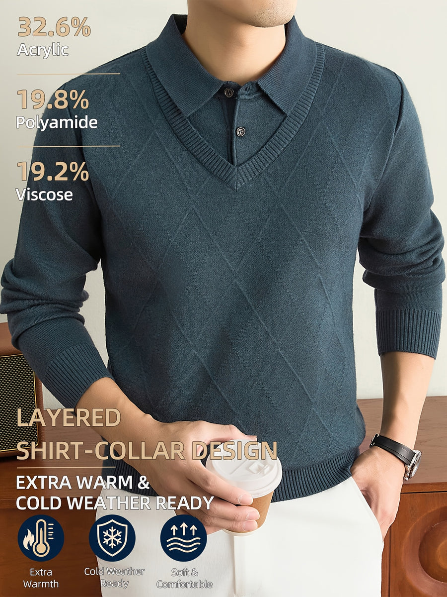 Men's Grey Polo Sweater, Faux 2pcs Shirt-Collar Design, V-Neck & Subtle Diamond Knit Pattern, Classic Refined Style, Warm Autumn Winter Pullover for Casual Wear, Golf & Outdoor Activities - Colorful Blue