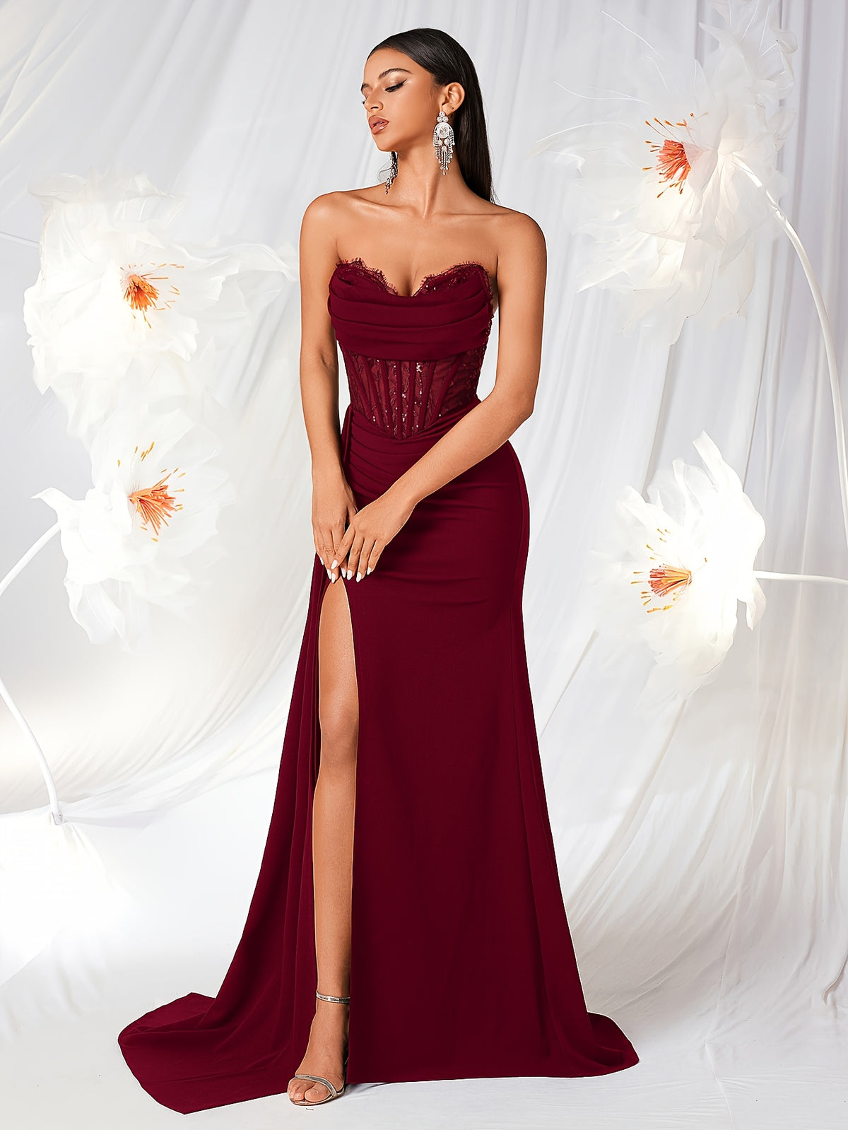 Tube Top with Small V-Neck, Mesh Panel, Sheer Long Ribbon, Slit, and Back Tie for Prom, Party, Formal Dress, Graduation Ball, Birthday Party, Evening Date, Back-to- Party, Wedding Guest, and Formal Dinner - Burgundy