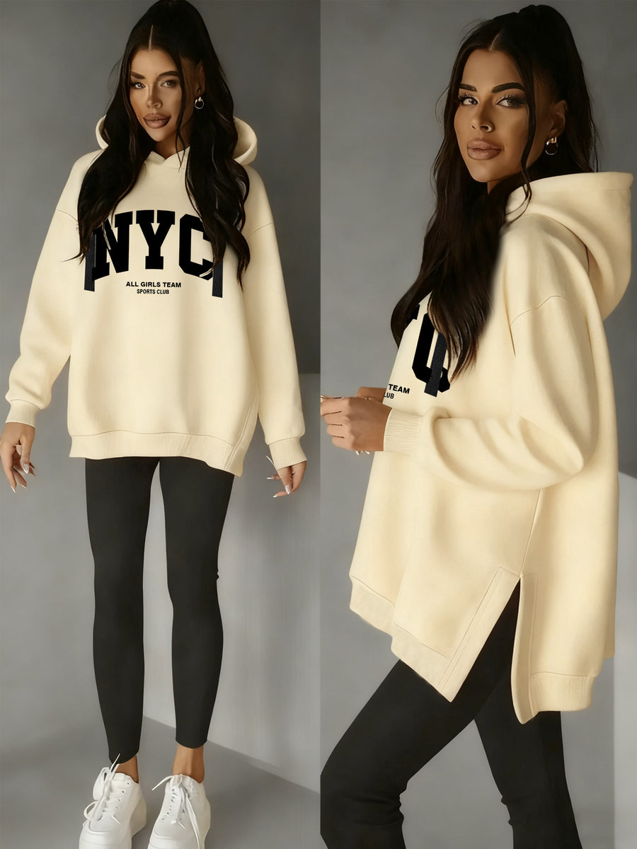 Women'S Stylish Hoodie with Side Slits And Drawstring for Autumn And Winter, Perfect for And Casual Wear, Featuring Cute Prints And a Comfortable Fit, Available in Multiple Colors - Apricot