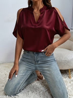 Women'S Chic Stand Collar V-Neck Cold Shoulder Short Sleeve Top - Satin Texture, Ideal for Mother'S Day & Independence Day Commute, Suitable for Spring & Summer Casual & Date Looks, Luxury Style Outfit - Red
