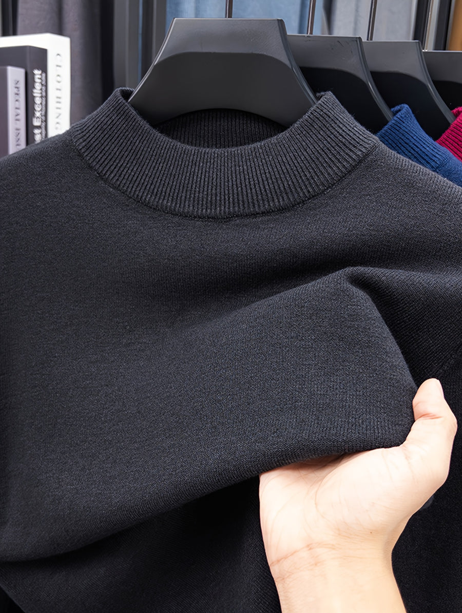 Men's Solid Color Half-Turtleneck Sweater, Available in Multiple Colors, Ribbed Cuffs, Simple Basic Style, Business Casual for Autumn/Winter, Slim Fit Commuter Base Layer Knit Top - Dark Gray