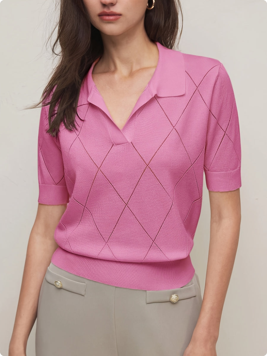 Women's Collar Rhombus Pattern Short Sleeve Top, Versatile Commuter Style for Spring and Summer - Pink Color