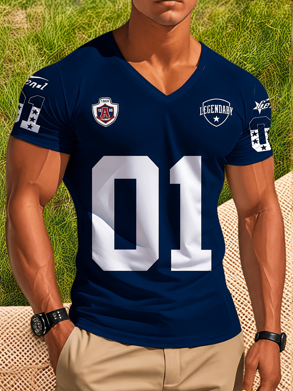 Men's V-Neck Short-Sleeve T-Shirt with Numbered 01 Print - Soft Fabric Suitable for All Occasions, Casual & Outdoor Wear, Machine Washable Regular Fit Tee, Minimalist Design for Sports and Everyday Use - Non- for - Mixed Color 3