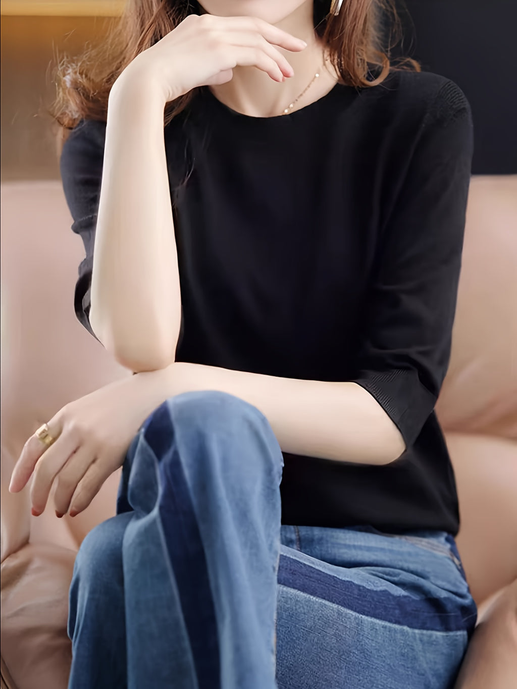 Women's Fine-Spun Round Neck Mid-Sleeve Top, New Spring/Autumn Vintage Elegant Top, Five-Part Sleeve Base Layer Shirt - Black
