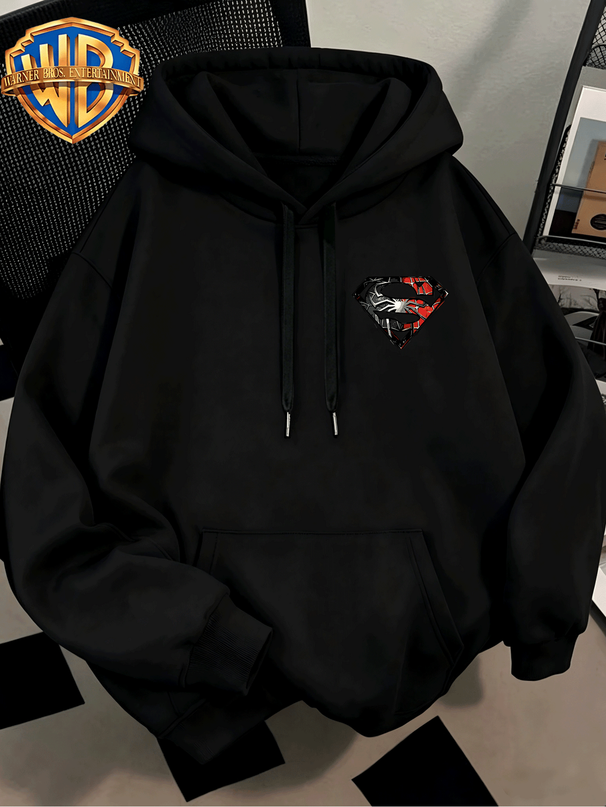 [Authorized by Warner Genuine] Fashion Hip Hop Print Fashion Brand Fashion Casual Versatile Sports Drawstring Pocket Hooded Men's Sweater, Men's Autumn and Winter Cute Casual Style, Sports Style Fashion Loose Hoodie, Daily Casual Wear. - Black