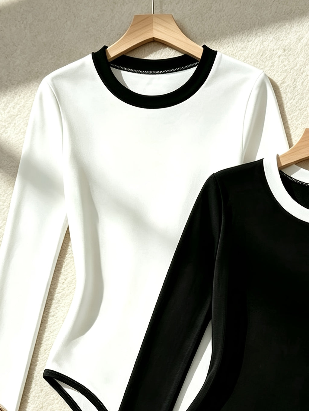2pcs Contrast Trim Round Neck Slim Long Sleeve Jumpsuit Women'S Easy Fashion Solid Color Tight Jumpsuit - Black+Beige