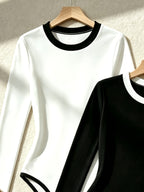 2pcs Contrast Trim Round Neck Slim Long Sleeve Jumpsuit Women'S Easy Fashion Solid Color Tight Jumpsuit - Black+Beige