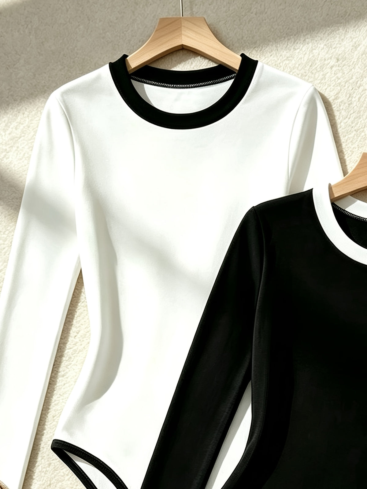 2pcs Contrast Trim Round Neck Slim Long Sleeve Jumpsuit Women'S Easy Fashion Solid Color Tight Jumpsuit - Black+Beige