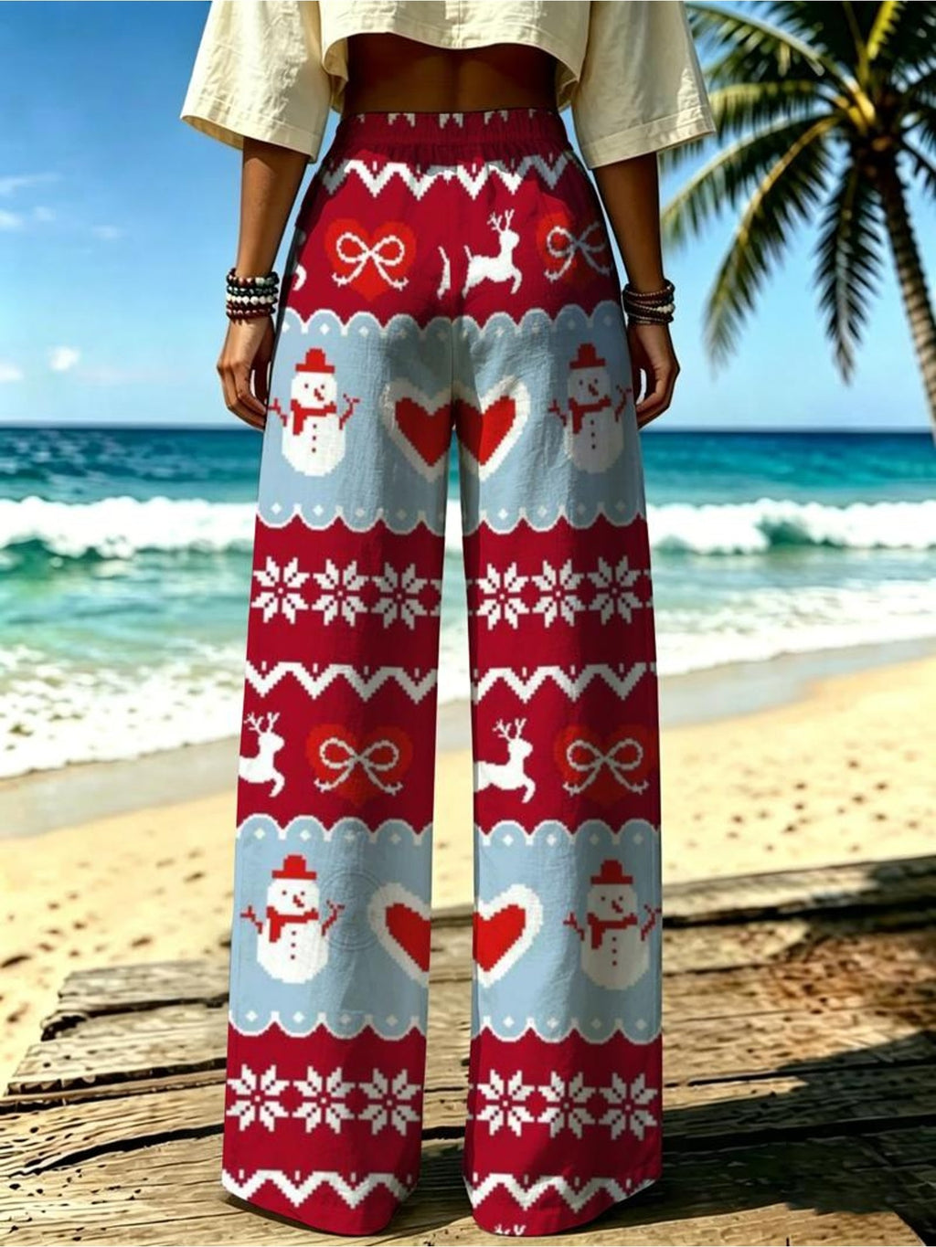 Women's Vintage Christmas Sweater Wide-Leg Trousers - Loose-Fit Wide Pants Suitable for Holiday Outfits, Daily Wear & Themed Parties, Machine Washable Style for (No Stretch) - Mixed colors