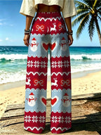 Women's Vintage Christmas Sweater Wide-Leg Trousers - Loose-Fit Wide Pants Suitable for Holiday Outfits, Daily Wear & Themed Parties, Machine Washable Style for (No Stretch) - Mixed colors