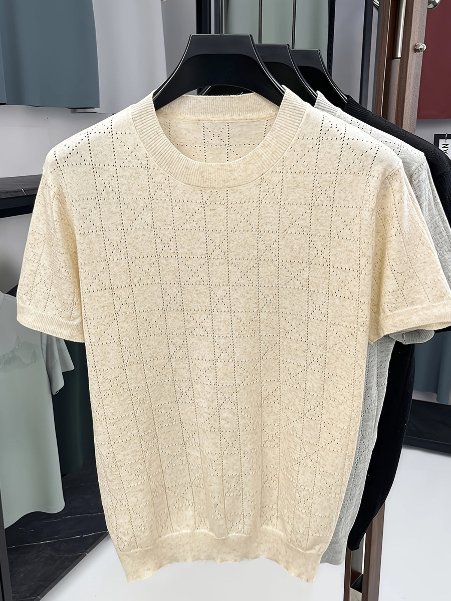 Men's Breathable Hollow-Out Short Sleeve T-Shirt/Polo Shirt - Lightweight Round Neck Loose-Fit Top with Hollow-Out Texture, Solid Color Base Layer -Compatible for Casual & -Casual Wear, Machine Washable Suitable for - Apricot