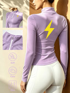 Women'S Solid Color Half-Zipper Long Sleeve Top, Waist-Cinching Warm T-Shirt - Taro Purple