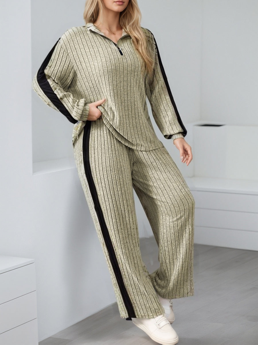 A Stylish And Casual Two-Piece Set for Women Featuring a Zip Collar Long-Sleeve Top And Wide-Leg Pants, Made from Soft, Skin-Friendly Fabric with a Vertical Stripe Texture, Perfect for Everyday Outings - Khaki