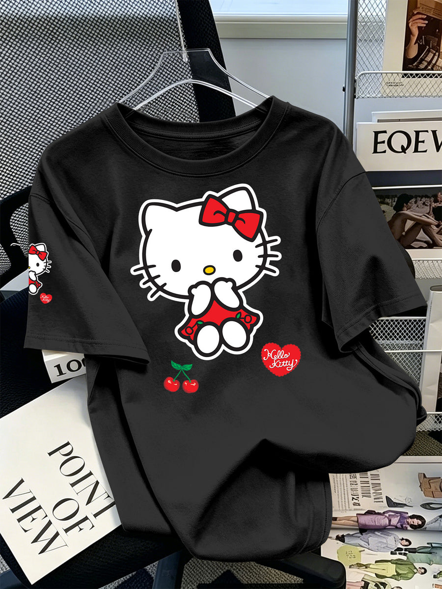 Sanrio Authorized Hello Kitty Print Women'S T-Shirt, Double Cherry Sweet Style for Spring And Summer, Machine Washable Without Deformation, Showcasing Refreshing Temperament - Black