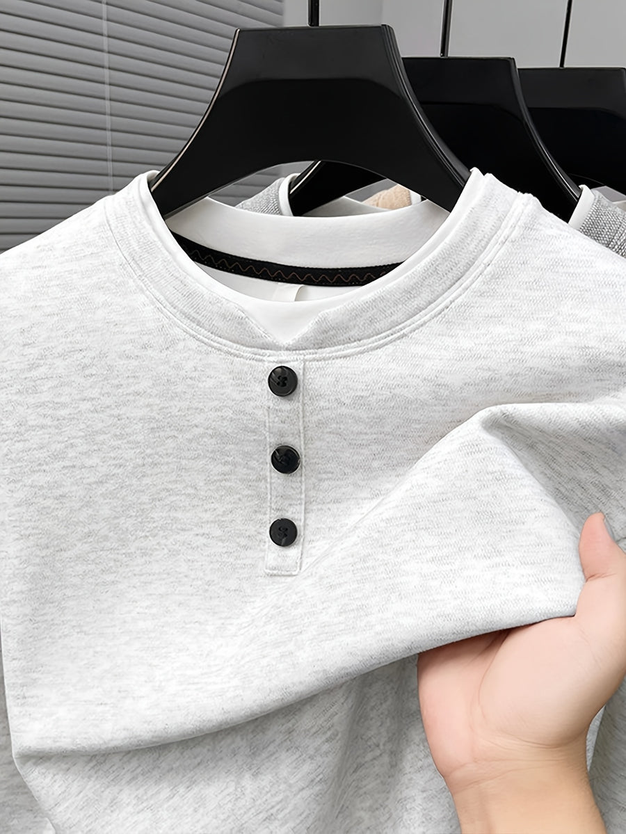 Men'S 3-Button Round Neck Faux Two-Piece Spring/Autumn Solid Color Sweatshirt, Regular Shoulder Long Sleeve Pullover, Spring/Autumn Season, Wearable As Single Piece Or Layering Piece - SINBOS - White and Grey