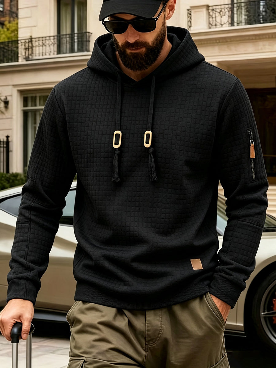 2pcs Men'S Checkered Hooded Sweatshirts, Long Sleeve Pullover Tops, Regular Fit Knit Fabric, with Zippered Pockets, Soft Stretch Knit Sweater, Lightweight Casual, Suitable for Spring Fall Travel Streetwear - Off-white+black