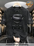 Printing Design - Not Stereoscopic 2D Flat Printing Warner Official Superman Classic "S" Shaped Shield Logo Superman Dad Print T-Shirt, [Print Design Non-Stereoscopic] American Retro Distressed Black Short Sleeve - Black