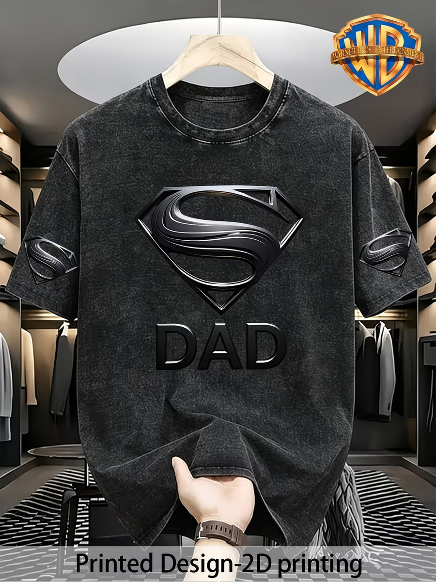 Printing Design - Not Stereoscopic 2D Flat Printing Warner Official Superman Classic "S" Shaped Shield Logo Superman Dad Print T-Shirt, [Print Design Non-Stereoscopic] American Retro Distressed Black Short Sleeve - Black
