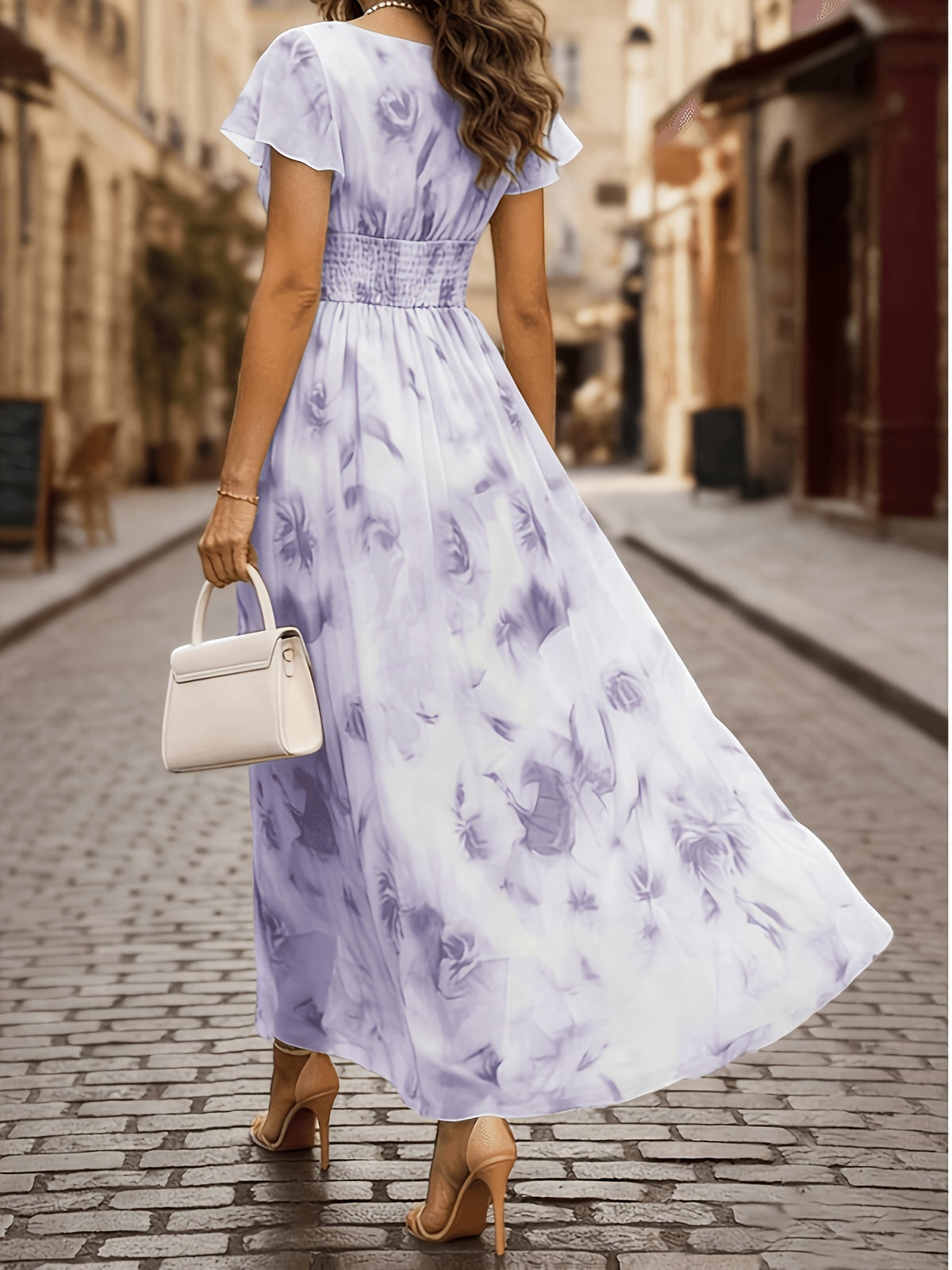 V-Neck Floral Print Long Dress Women'S Elegant Ruffled Sleeve Waist Casual Vacation Dress - Lavender
