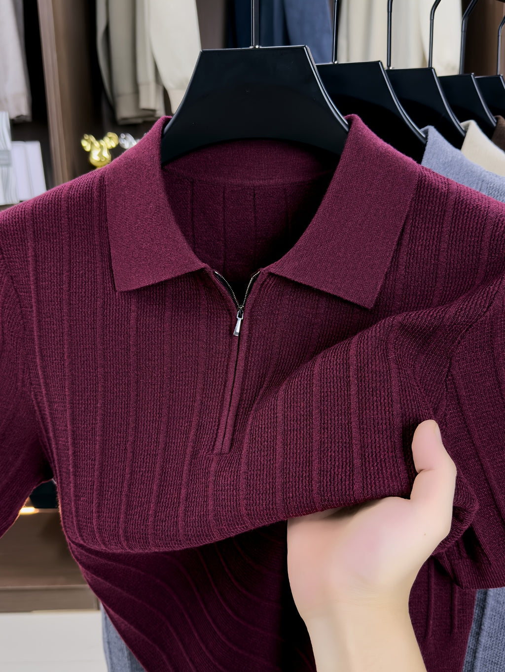 New Spring/Autumn Vertical Stripe Knit Polo Shirt for Men, Half-Zip Lapel Short Sleeve Light Luxury Stretch Casual Base Layer Top, Suitable for Daily Work Wear - Burgundy