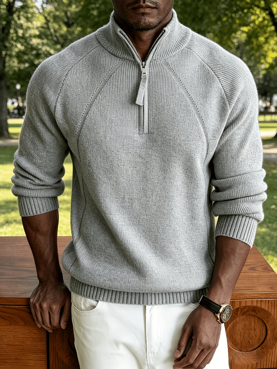 Men's Business Casual Quarter Zip Knit Pullover, Raglan Sleeve Textured Ribbed Trim Slim Fit Sweater for Fall Winter Daily Office & Weekend Outings - Light Grey