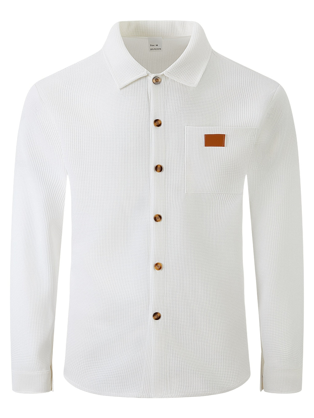 Men Fall Winter Waffle Knit Shacket, Long Sleeve Button Up Collared Shirt Jacket with Pocket, Casual Overshirt Outer Coat, Solid, Comfortable, Loose Fit - White