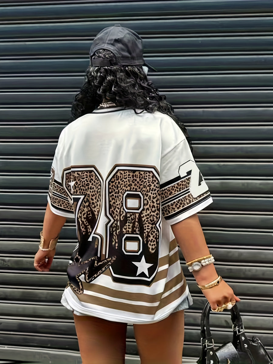 Women'S Top Casual Color-Block Striped Letter And Number Print Short Sleeve Women'S T-Shirt - Multicolor