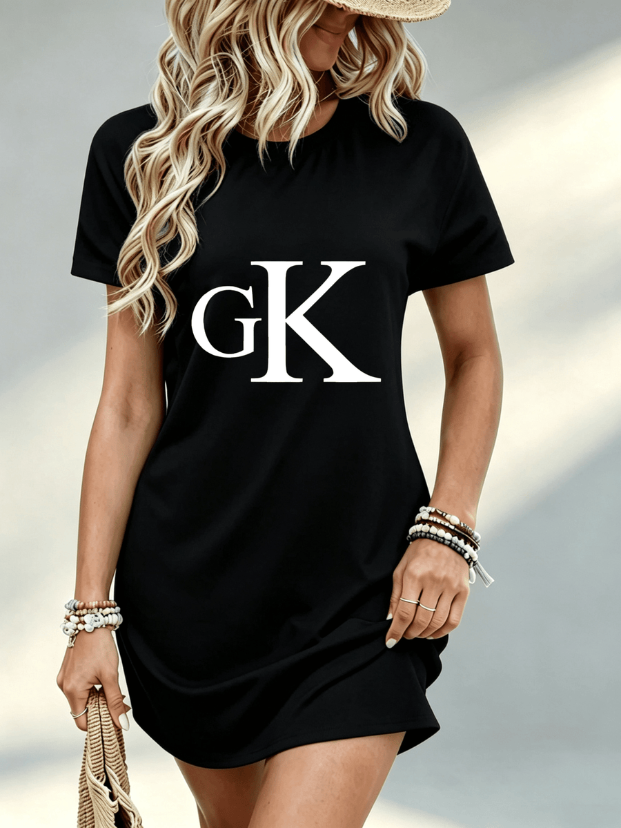 Printed Design Not Textured, Casual Summer Style, Women Dress, GK Letter Print, Beach Vacation, Gift for Girlfriend, 100 Percent Polyester - Black