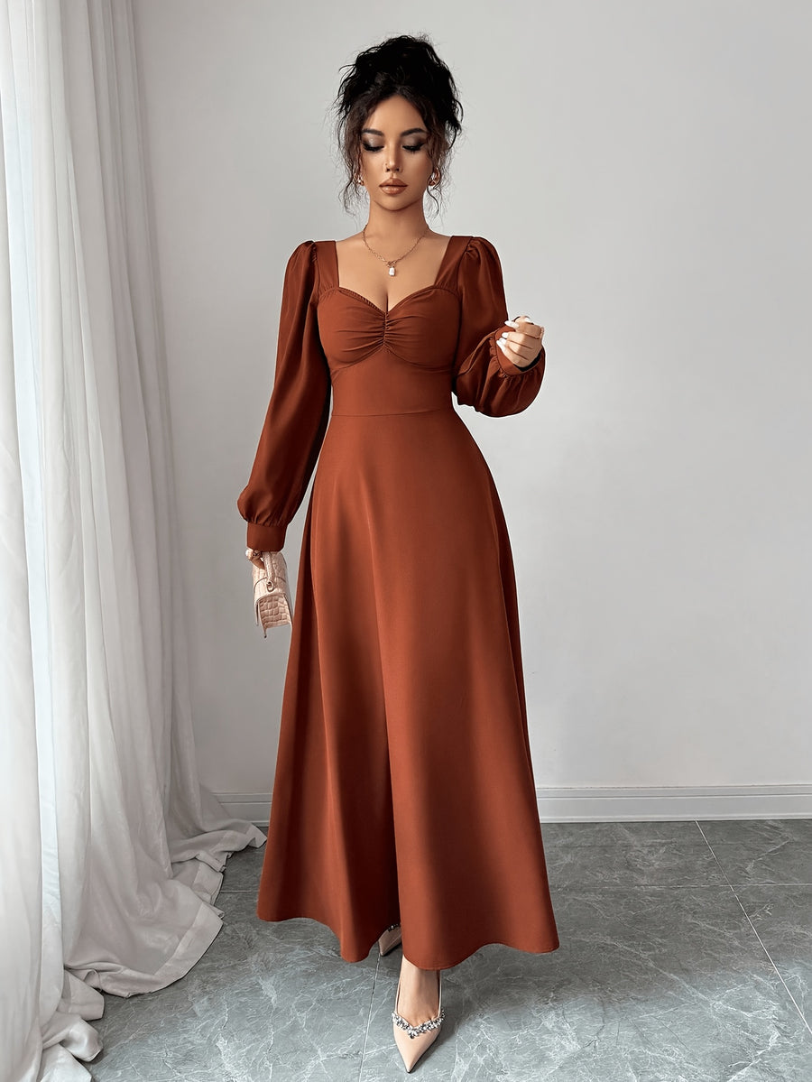 Solid Color Sweetheart Neckline Ruffled Long Dress, Lantern Puff Sleeve Waist-Cinching Flowing A-Line Women'S Dress, Suitable for Wedding Guests, Evening Parties, Office Commute, Dinner Dates, And Casual Outings - Light Brown-1
