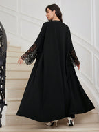 Women's Arab Muslim Elegant Solid Color Sequin Lace Splicing Open Front Abaya - Black