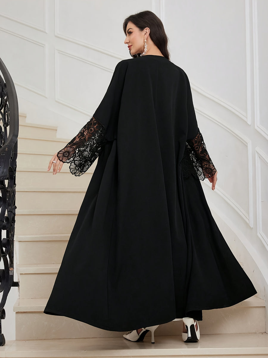 Women's Arab Muslim Elegant Solid Color Sequin Lace Splicing Open Front Abaya - Black