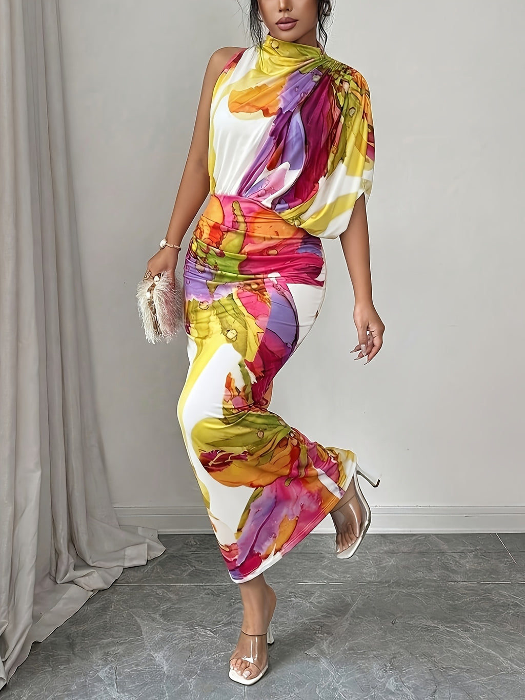 Women's Elegant One-Shoulder High Neck Sleeveless Bodycon Maxi Dress with Ruched Waist & Fit - Machine Washable Suitable for Vacation, Party, Wedding Guest Dress, Evening Date Dress - Multicolor