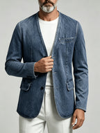 Men'S Casual Washed Non-Faux Denim Collarless Long Sleeve Single-Breasted Jacket - Sea Blue