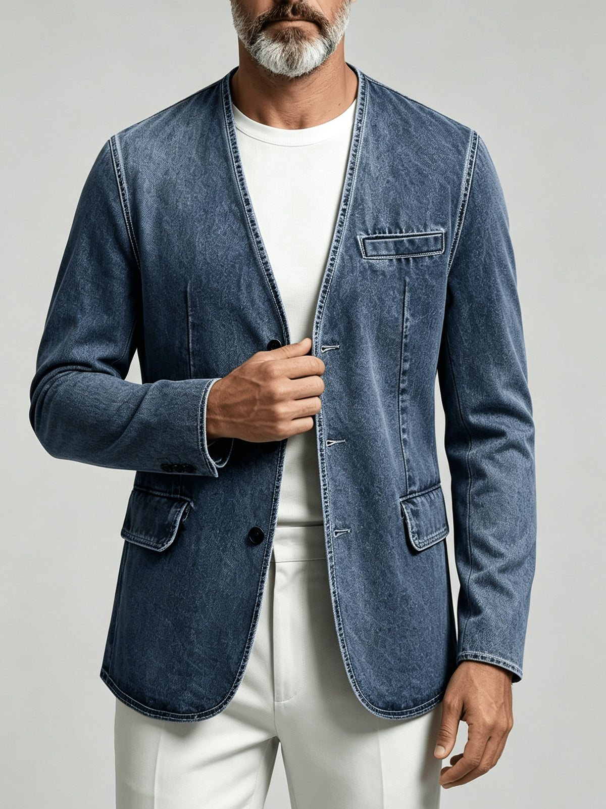 Men'S Casual Washed Non-Faux Denim Collarless Long Sleeve Single-Breasted Jacket - Sea Blue