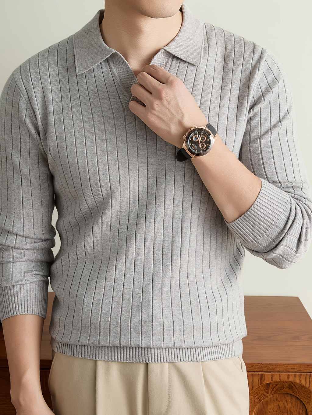 Autumn Winter Men'S Sweater, Lapel Men'S Long Sleeve Sweater, Casual Solid Color Pinstripe Seagull Collar Knit Warm Pullover POLO Shirt, Daily Commute Outdoor Holiday Wear POLO Shirt Sweater - Beige gray