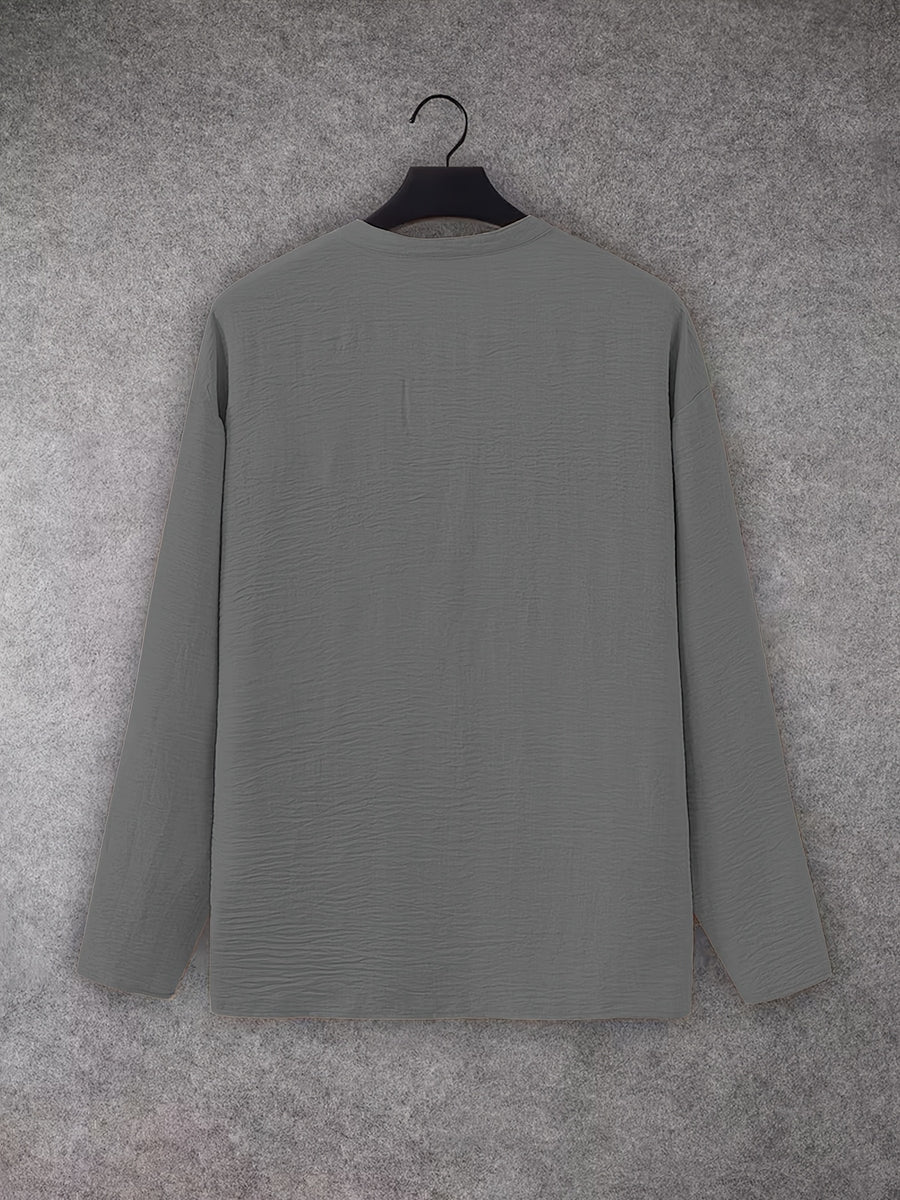 Men's Stand-Up V-Neck Half-Open Placket Linen Long-Sleeve Shirt, Solid Color Basic Style, Suitable for Beach Vacations, Daily Outings, and Casual Gatherings, Can Be Worn Alone or as an Inner Shirt - Grey