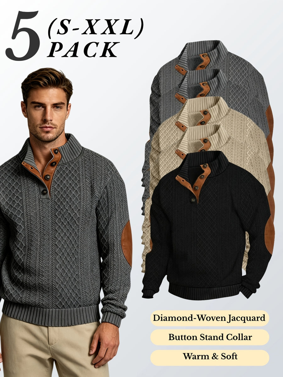 5pcs Set Men's Textured Jacquard Knit Vintage Casual Button-Up Stand Collar Long Sleeve Top, Versatile Basic Solid Color for Autumn/Winter Outings and Home Wear - Dark Gray 2 + Khaki 2 + Black