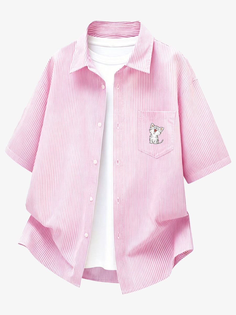 Summer Fashion New Fun Cartoon Healing Style Pocket Print Short Sleeve Thin Striped Lapel Casual Loose Shirt - Pink