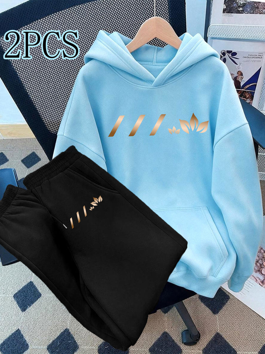 2pcs Promotion Set Suitable for Spring, Autumn, And Winter Fashionable Women'S Elegant Beautiful Y2K Style Athletic Wear, Hooded Fleece-Lined Sweatshirt And Fleece-Lined Long Pants Set - Sky Blue+Black