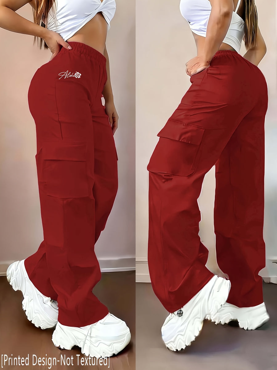 D355- Women'S Casual Pants, Creative Design Floral Print, Fashionable Cargo Pants-Why1526 - Red