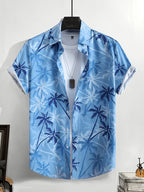 Men'S Casual Coconut Tree Print Short-Sleeved Shirt, Beach Shirt, Men'S Tropical Shirt, Men'S Summer Shirt, Tropical Shirt, Men'S Palm Tree Shirt, Blue Hawaiian Shirt, Men'S Hawaiian Print Shirt - Sky Blue