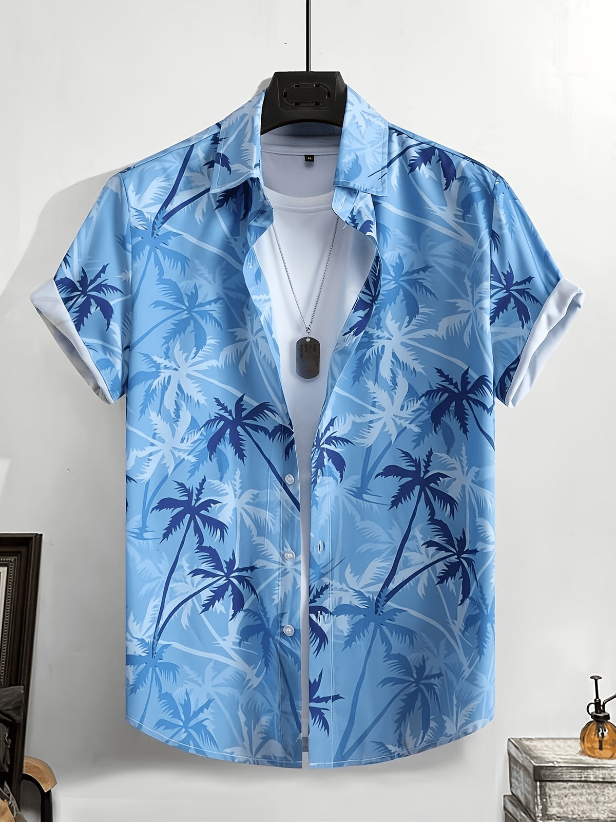 Men'S Casual Coconut Tree Print Short-Sleeved Shirt, Beach Shirt, Men'S Tropical Shirt, Men'S Summer Shirt, Tropical Shirt, Men'S Palm Tree Shirt, Blue Hawaiian Shirt, Men'S Hawaiian Print Shirt - Sky Blue